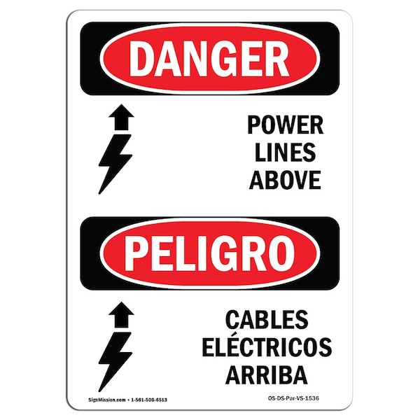 Signmission Safety Sign, OSHA Danger, 7" Height, Power Lines Above With